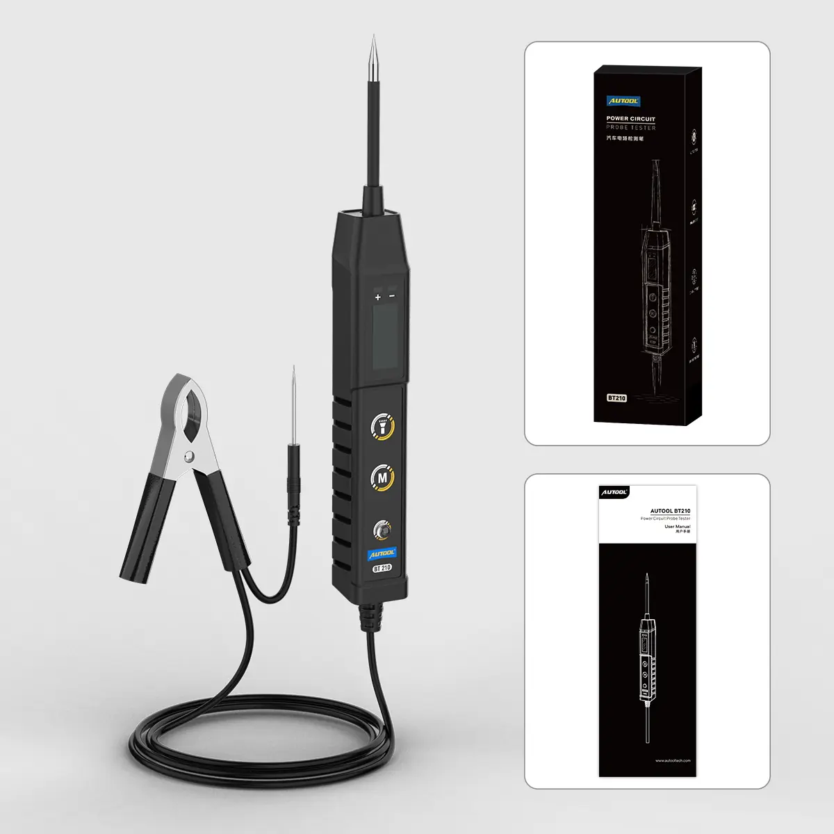 AUTOOL BT210 power circuit probe tester with ground clamp lead, retail box and user manual