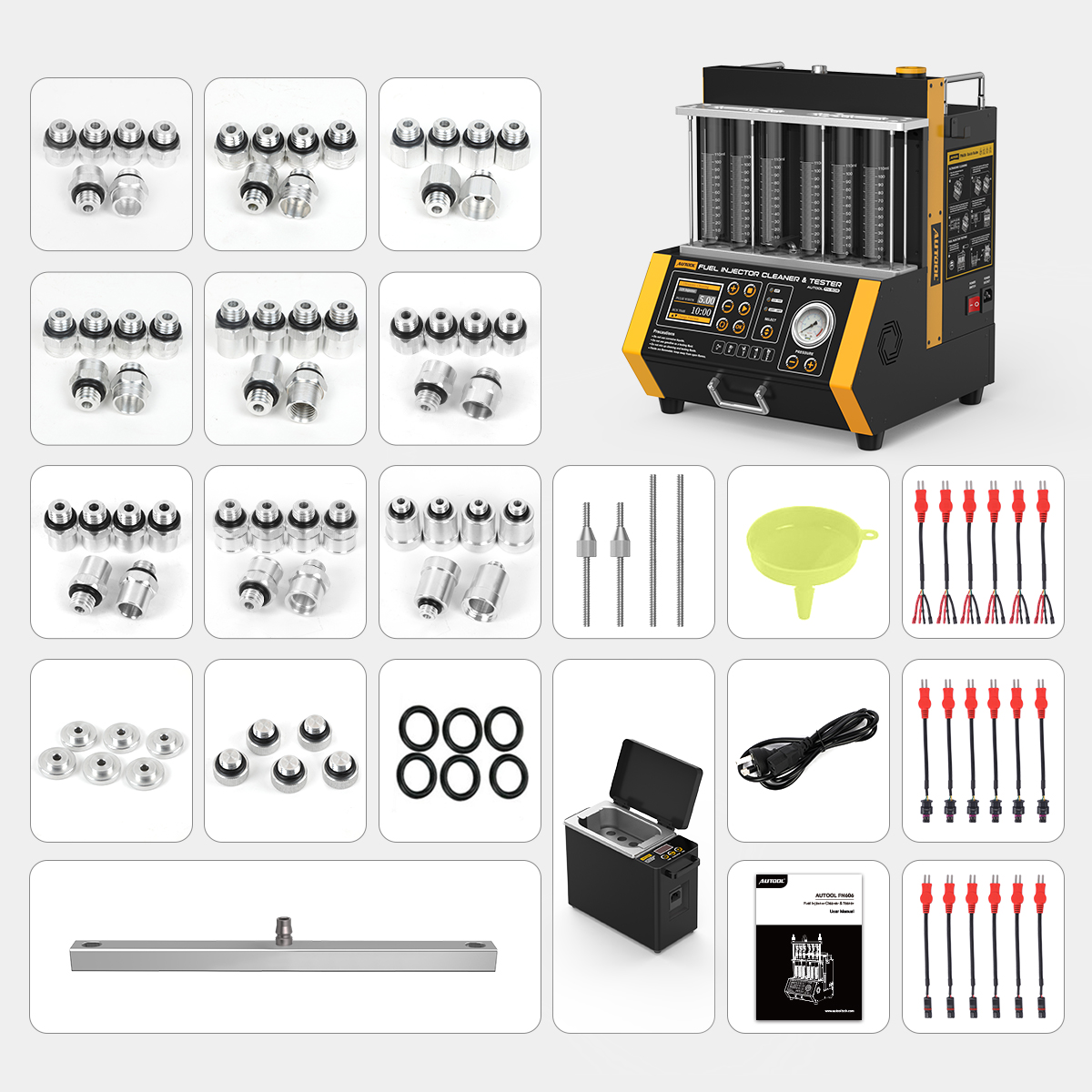 AUTOOL FN606 package contents: main unit, nine adapter groups, rail, fixture rods, funnel, three pulse harness sets, end caps, O-rings, ultrasonic cleaner, power cord and manual