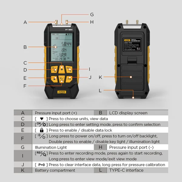 AUTOOL PT530 Dual-Port Pressure & Vacuum Tester