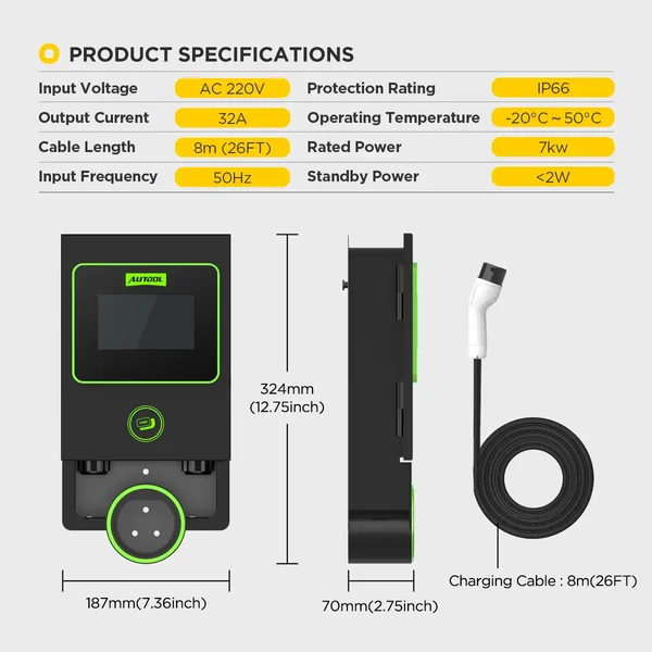 AUTOOL C701 Wall-Mounted Type 2 EV Charging Station