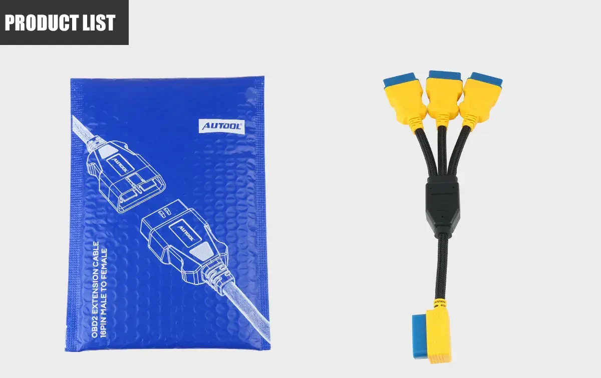 AUTOOL 35 cm OBD2 1-to-3 splitter cable beside its blue AUTOOL package bag