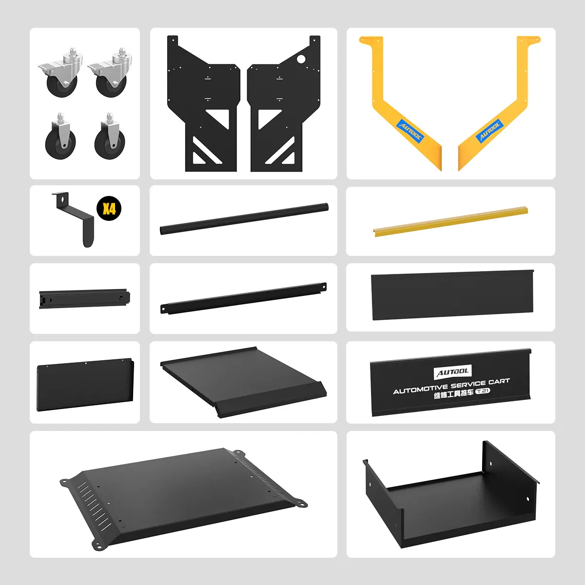 AUTOOL T21 service cart parts before assembly: casters, side frames, handles, hooks, drawer slides, shelves and drawer