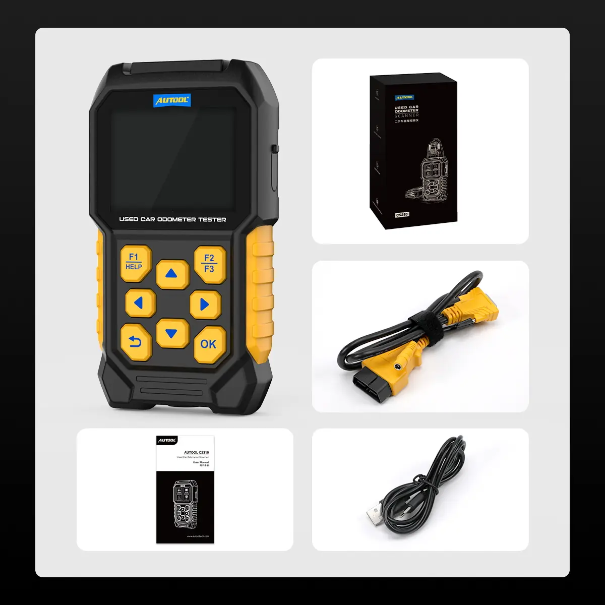 AUTOOL CS310 odometer scanner with retail box, OBD-II cable, USB cable and user manual
