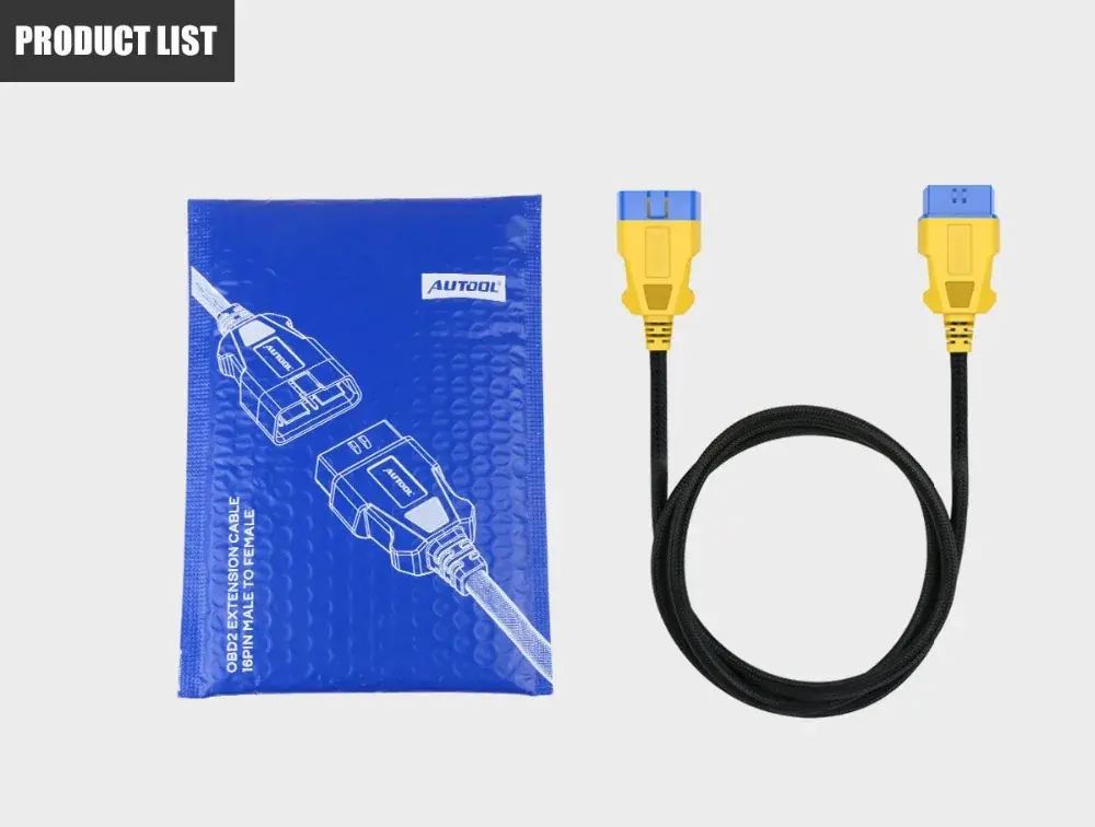 AUTOOL 1.5 m braided OBD2 extension cable coiled beside its blue package bag