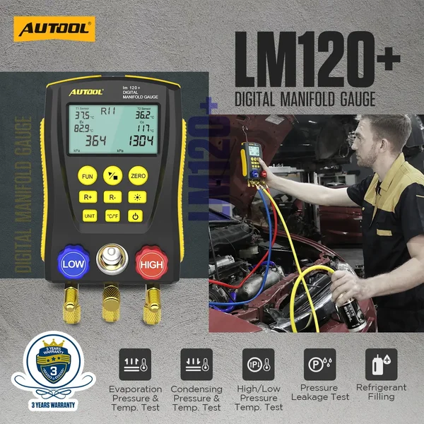 AUTOOL LM120+ Digital Manifold Gauge with T1/T2 Clamp Inputs