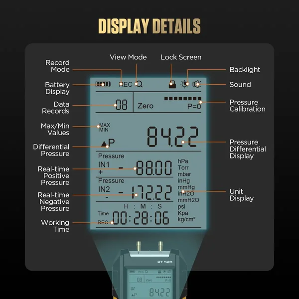 AUTOOL PT520 Dual-Port Differential Pressure Gauge