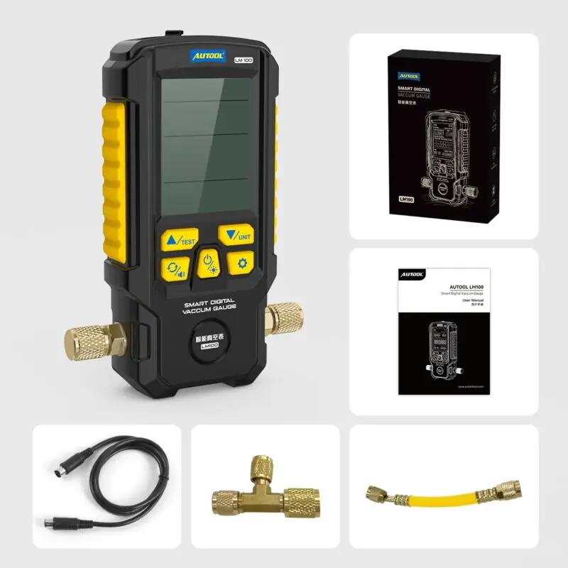 AUTOOL LM100 vacuum gauge with retail box, user manual, connection cable, brass connector and yellow short hose