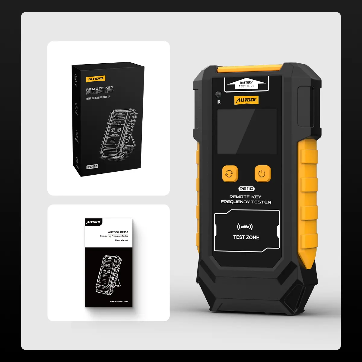 AUTOOL RE110 remote key frequency tester with retail box and user manual