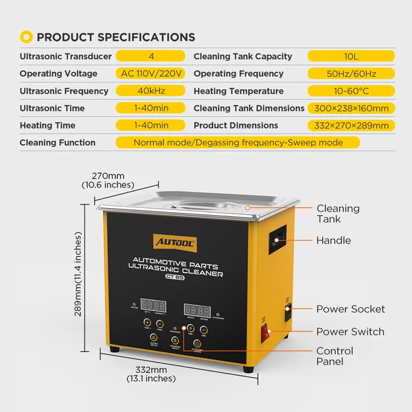 AUTOOL CT85 10 L 4-Transducer Heated Ultrasonic Parts Cleaner