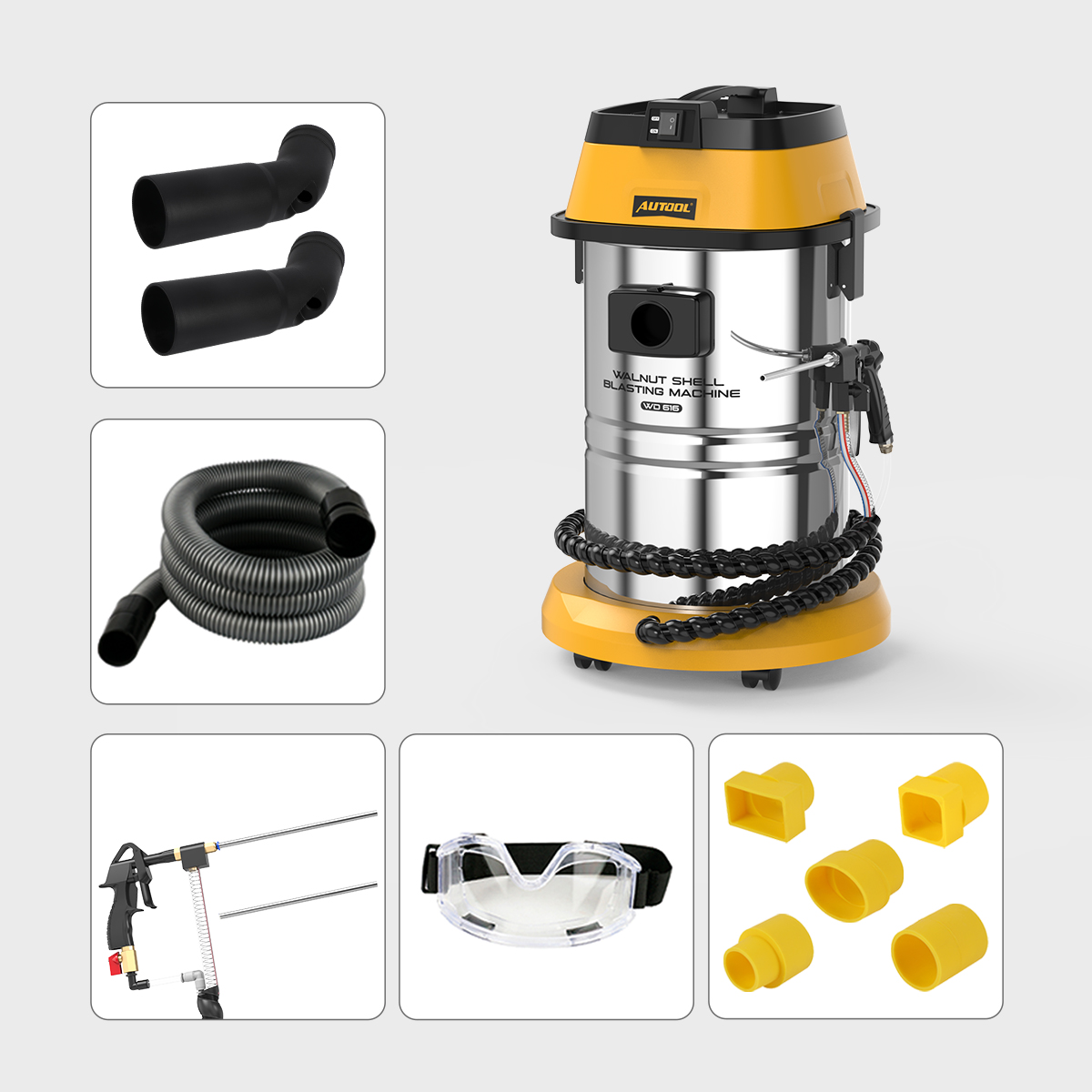 AUTOOL WD616 package image with stainless drum unit, two elbow nozzles, recovery hose, blasting gun, goggles and five yellow intake adapters