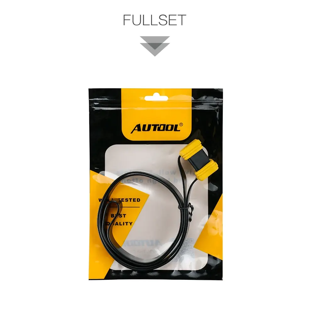 AUTOOL flat black OBD2 extension cable with yellow connectors coiled in its retail bag