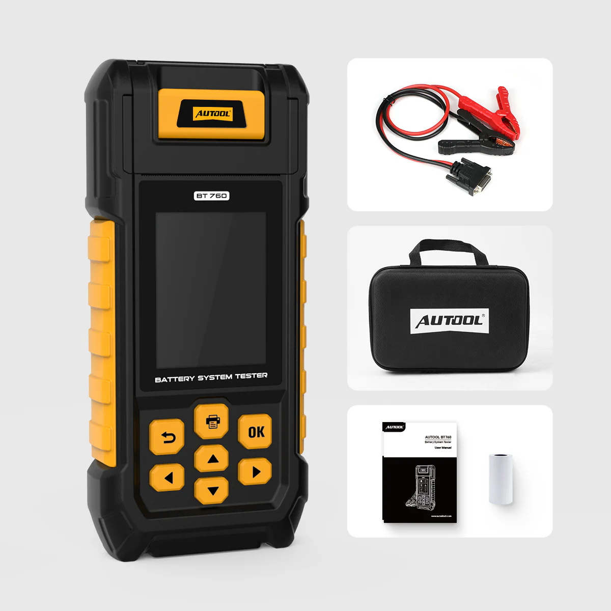 AUTOOL BT760 with battery clamp cable, storage bag, user manual and printer paper roll