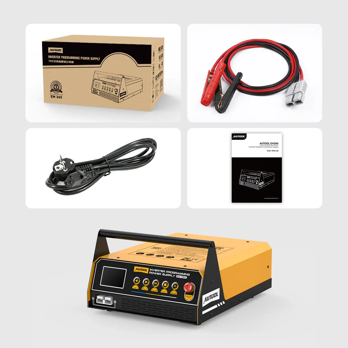 AUTOOL EM365 power supply with retail box, battery clamp cable, AC power cable and user manual