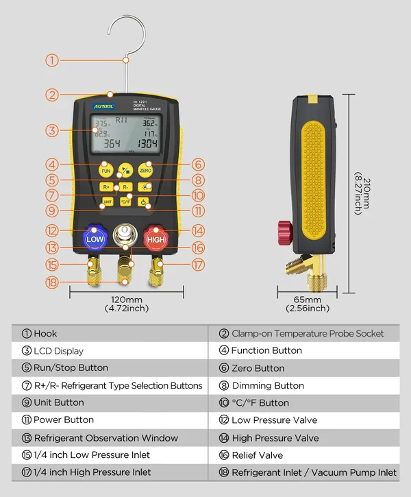 AUTOOL LM120+ Digital Manifold Gauge with T1/T2 Clamp Inputs
