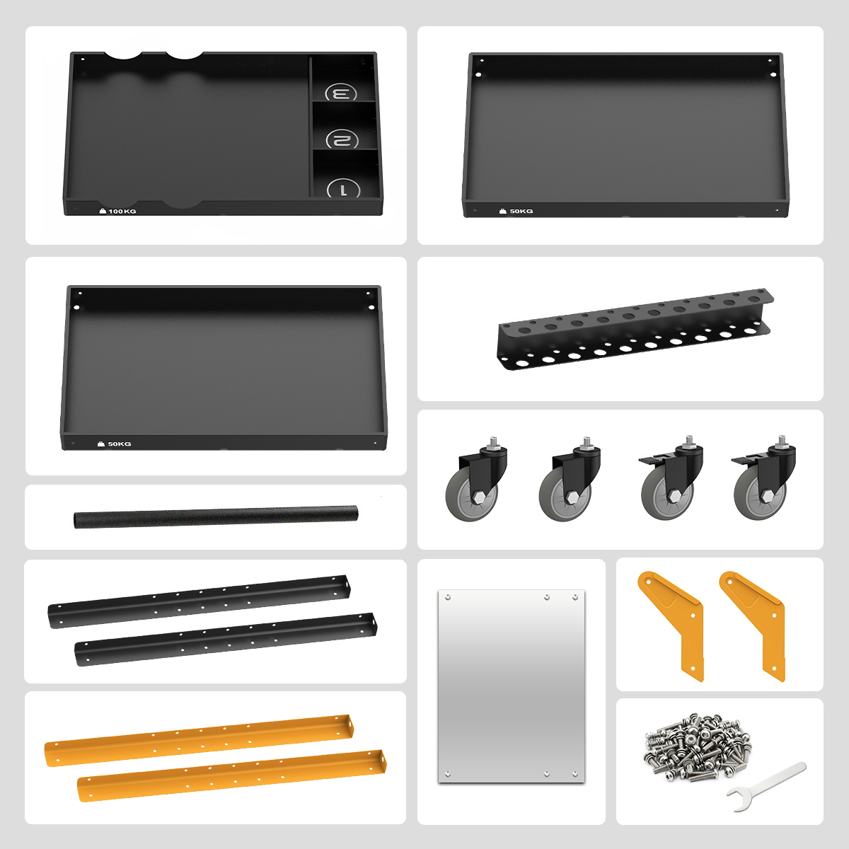 AUTOOL T32 cart parts laid out: three trays, tool holder, casters, handle, uprights, mirror magnetic panel, brackets and hardware