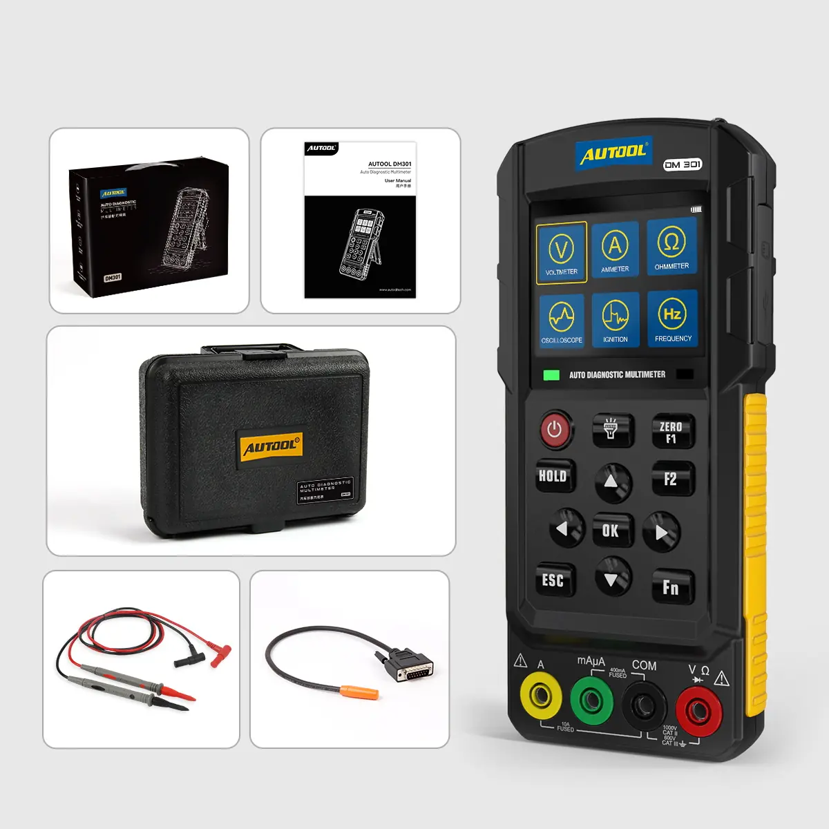 AUTOOL DM301 multimeter with toolbox, user manual, retail box, test leads and connector cable