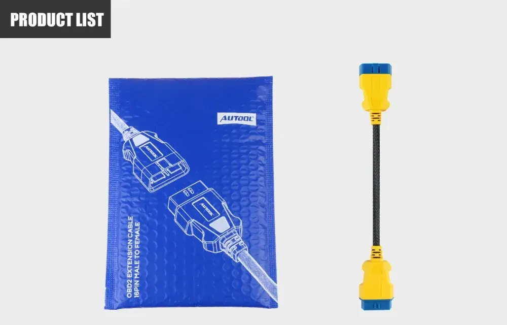 AUTOOL 36 cm braided OBD2 extension cable next to its blue package bag