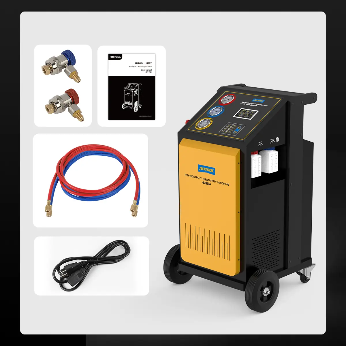 AUTOOL LM707 recovery machine with high and low quick couplers, red and blue service hoses, power cable and user manual