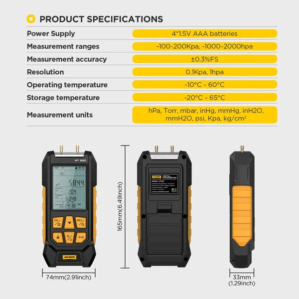 AUTOOL PT520 Dual-Port Differential Pressure Gauge