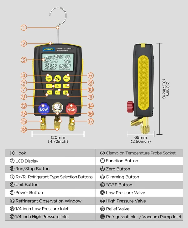 AUTOOL LM120 Digital Manifold Gauge with Dual Temperature Inputs