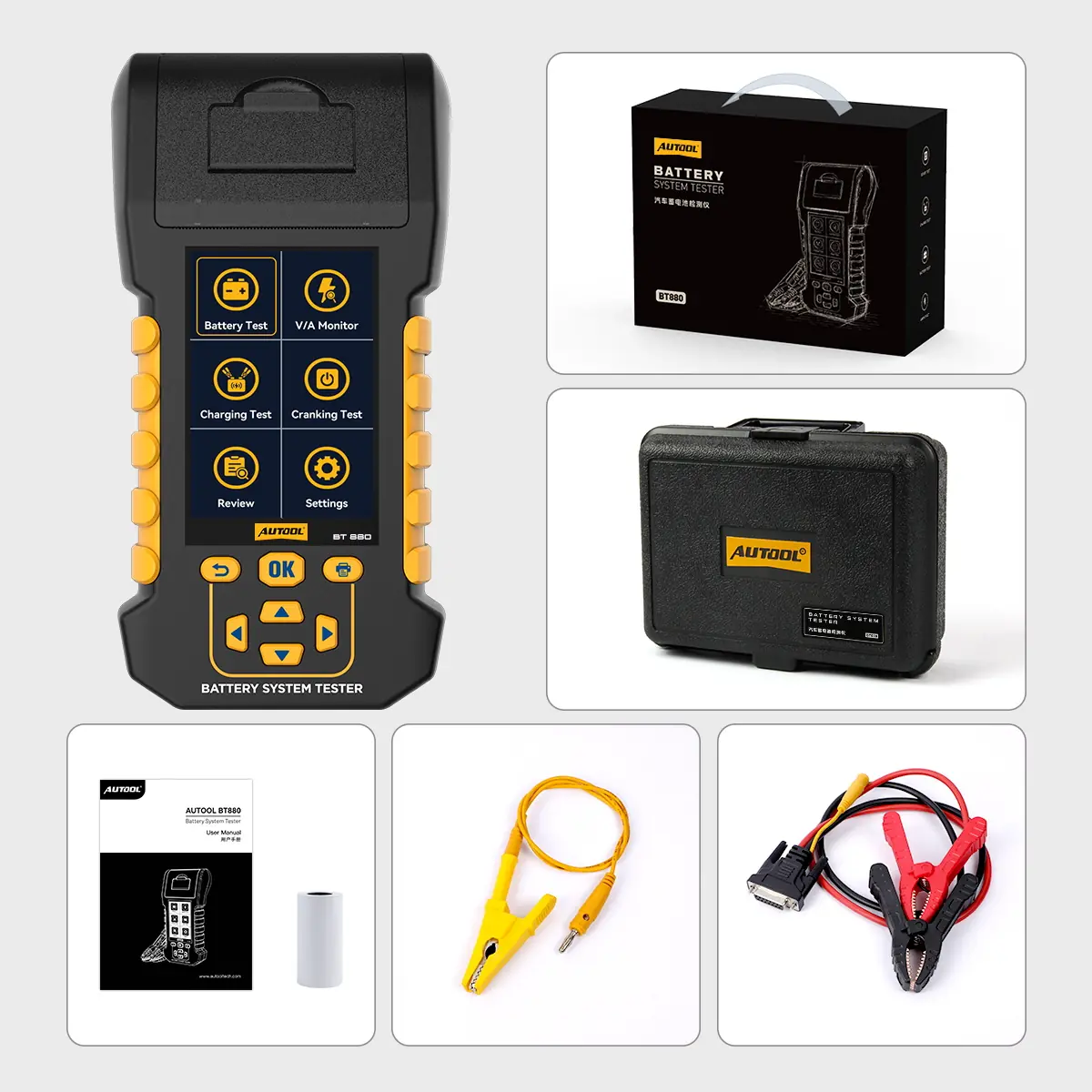 AUTOOL BT880 with retail box, carrying case, user manual, thermal paper roll, yellow leakage clamp and battery clamp cable