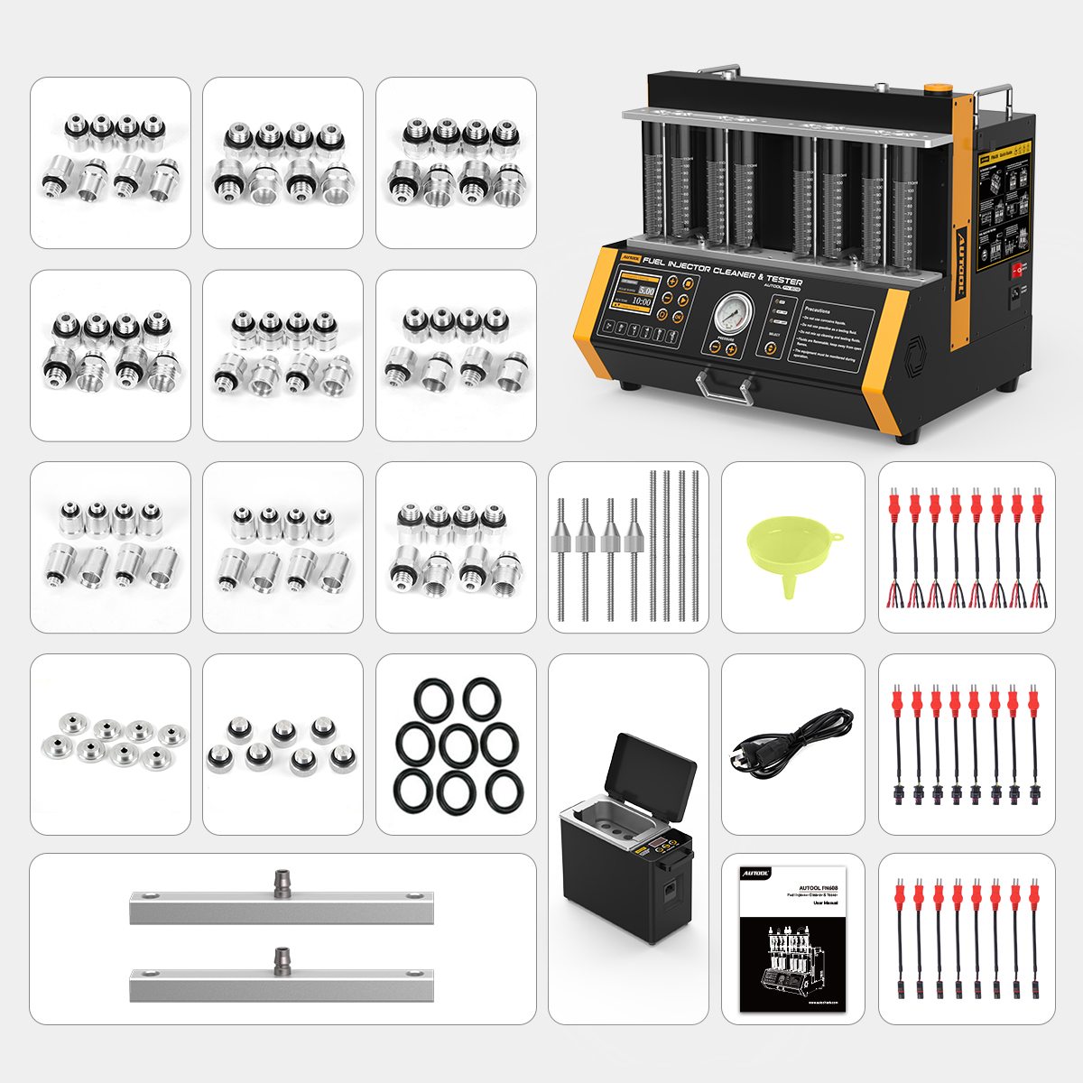 AUTOOL FN608 package contents with main unit, adapter groups, fixture rods, funnel, pulse signal cables, O-rings, rails, ultrasonic cleaner, power cord and user manual