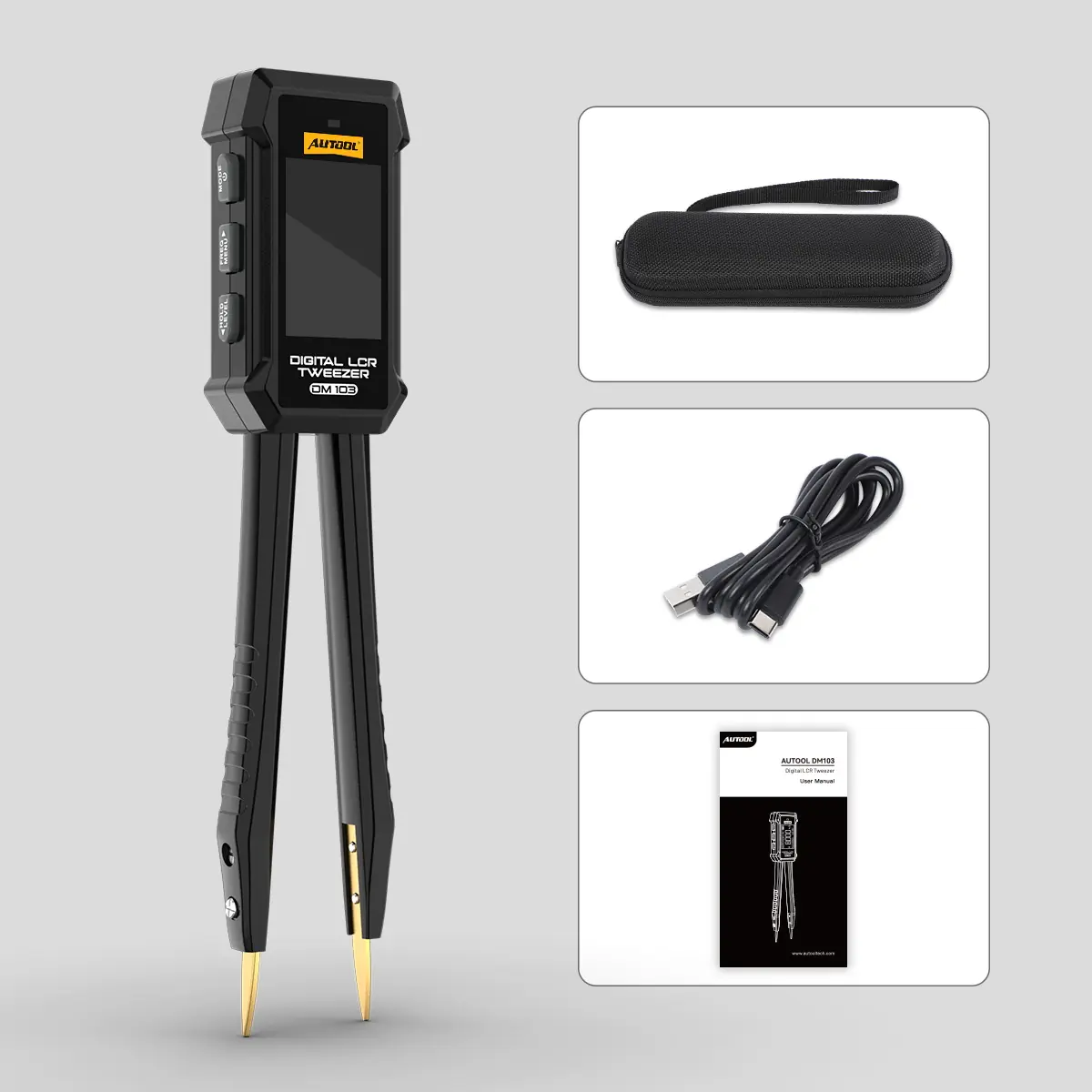 AUTOOL DM103 LCR tweezer with storage case, Type-C cable and user manual