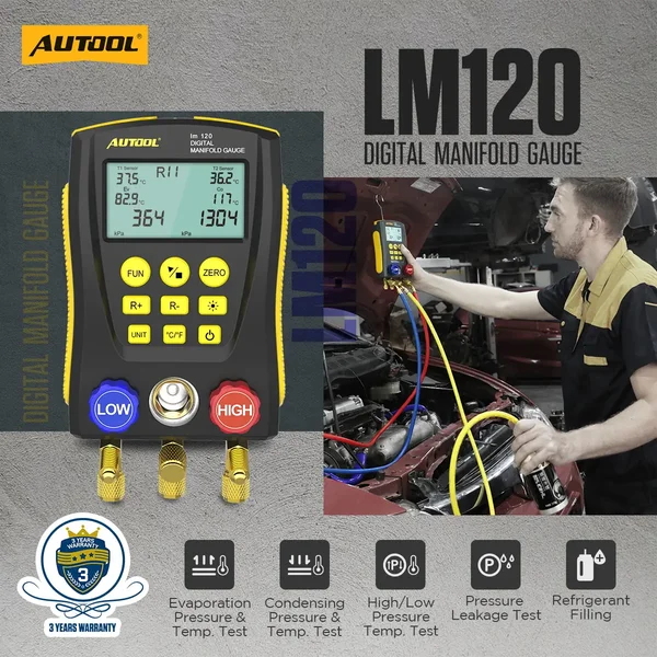 AUTOOL LM120 Digital Manifold Gauge with Dual Temperature Inputs