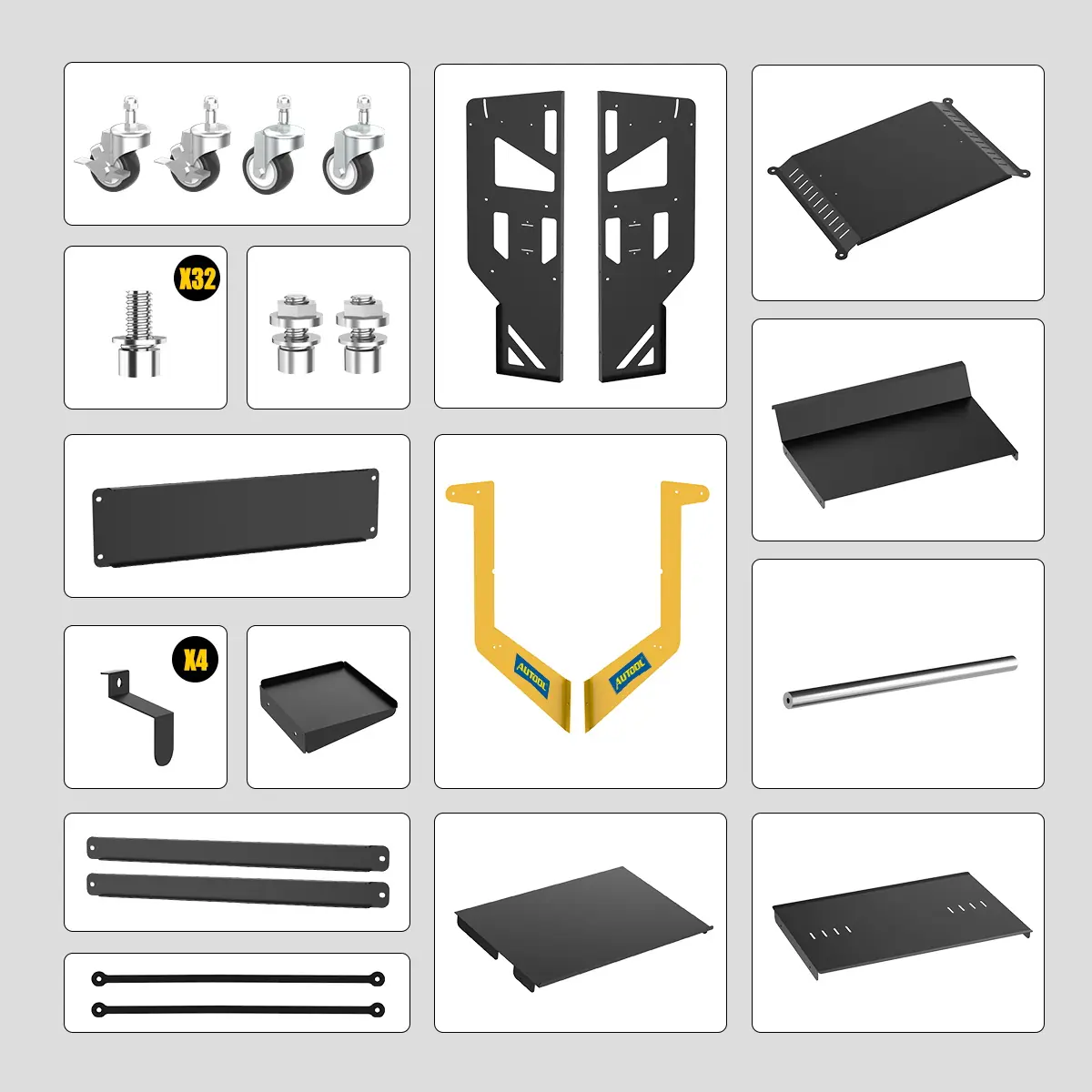 AUTOOL T22 packing list with four casters, side panels, shelves, handrail, hooks, straps, bolts and assembly parts