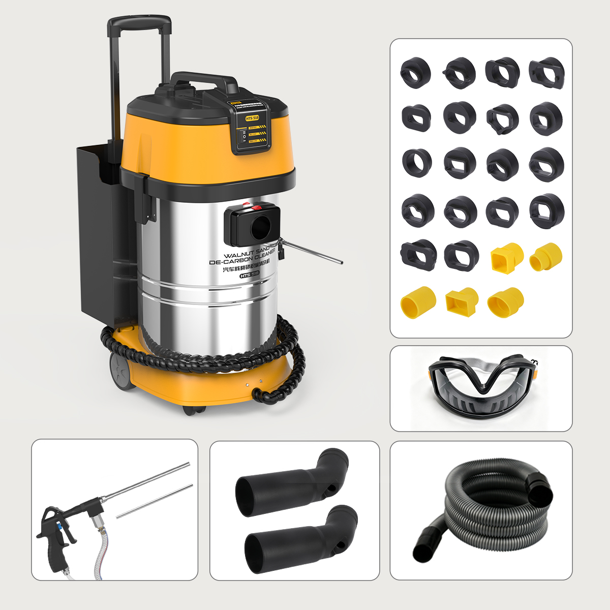 AUTOOL HTS518 packing list with main unit and rear storage box, 23 intake adapters, goggles, blasting gun, two black pipe adapters and recovery hose