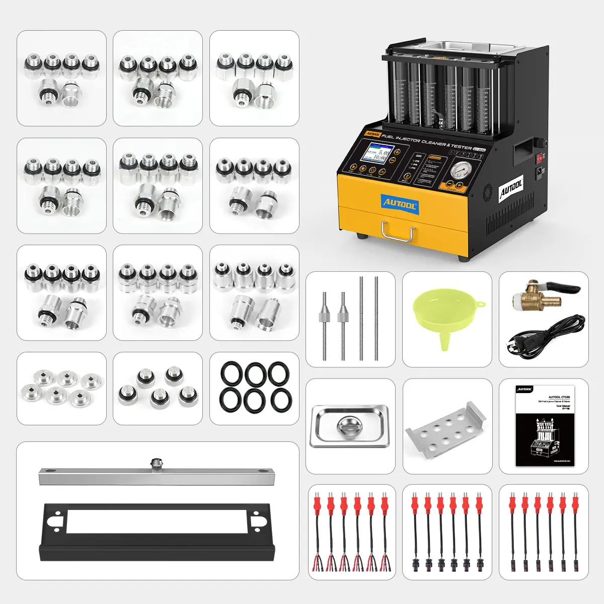AUTOOL CT500 injector cleaner and tester with injector adapters, plugs, O-rings, rails, funnel, valve with power cord, tray, basket, pulse signal cables and user manual