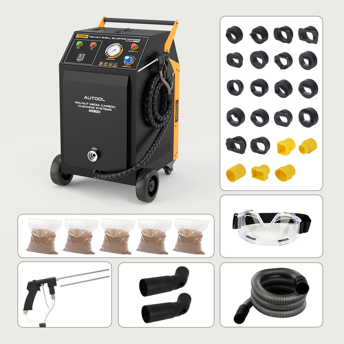 AUTOOL WD716 package image with main unit, black and yellow intake adapters, walnut media bags, goggles, blasting gun, elbow nozzles and suction hose