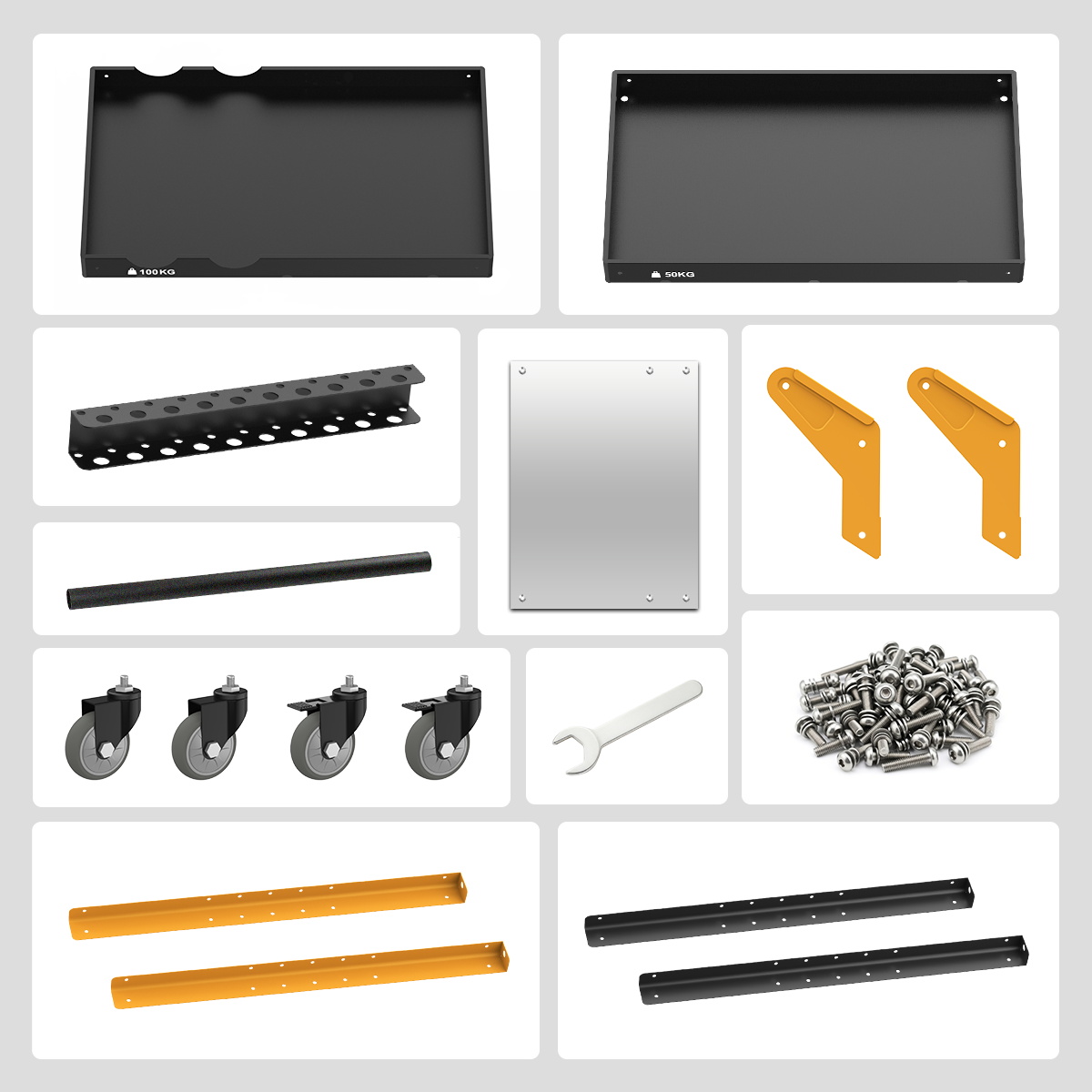 AUTOOL T31 cart parts laid out before assembly: trays, posts, handle, mirror magnetic panel, brackets, casters and fasteners