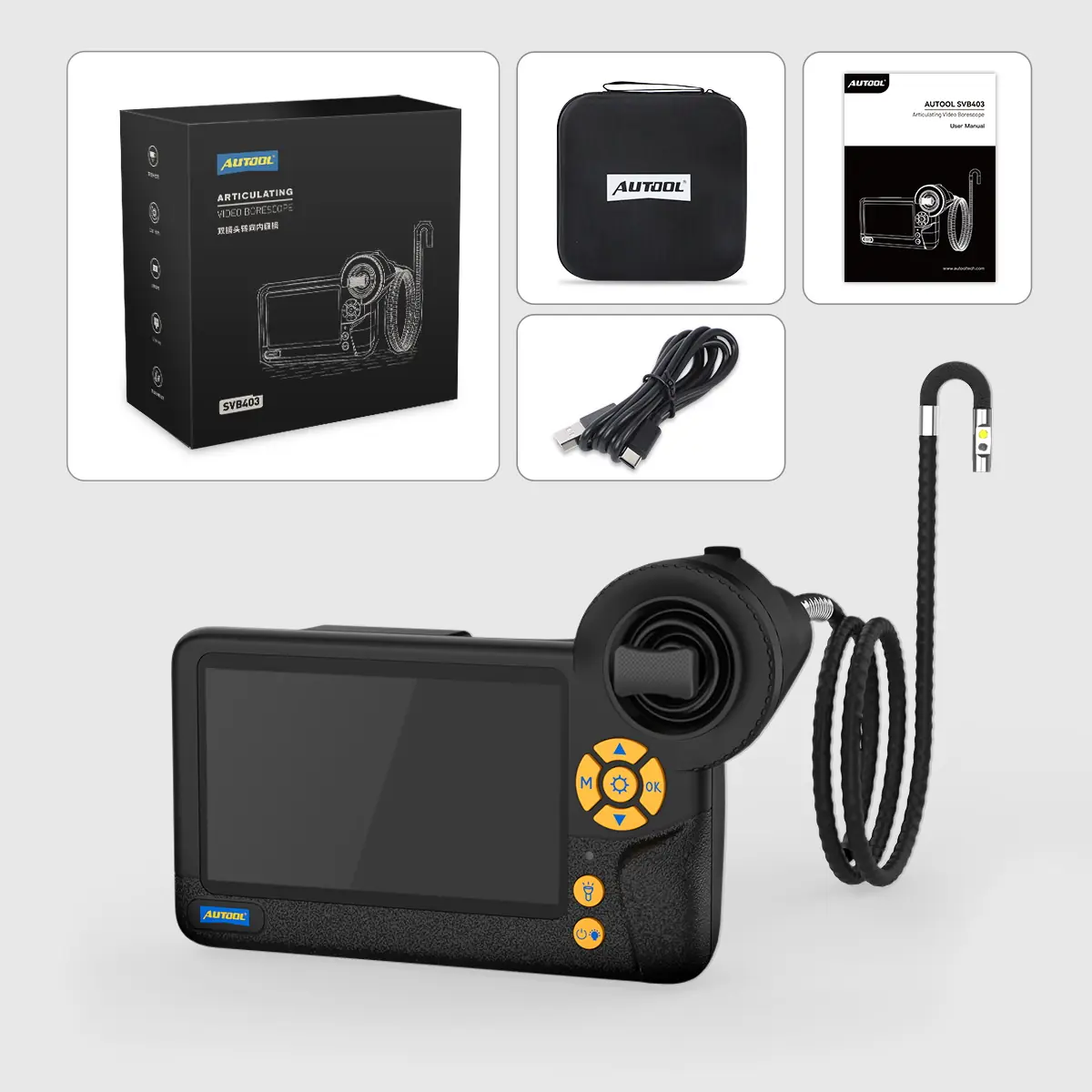 AUTOOL SVB403 borescope with articulating probe, carrying case, Type-C cable, user manual and retail box