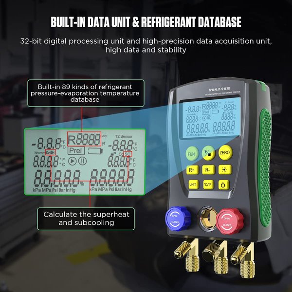 CMTOOL Digital HVAC Gauges Set, 89 Refrigerants, 3 Hoses, 2 Temp Clamps | Digital Manifold Gauges Set HVAC Tools with Pressure and Temp Test for R134A 1234YF R22 R12 R404A R410A, etc
