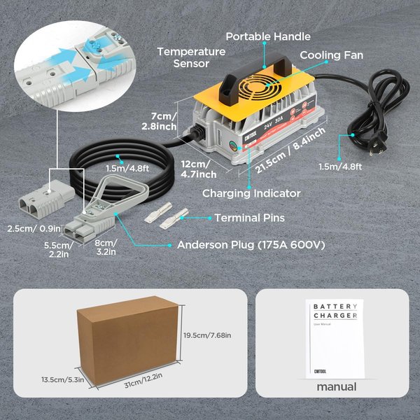 CMTOOL 24V 30A Forklift Battery Charger, 1250W Smart 7-Stage Trickle Charger, IP67 Waterproof, Fully Automatic for Lead-Acid Batteries (Pallet Jack/Floor Scrubber/Golf Cart)