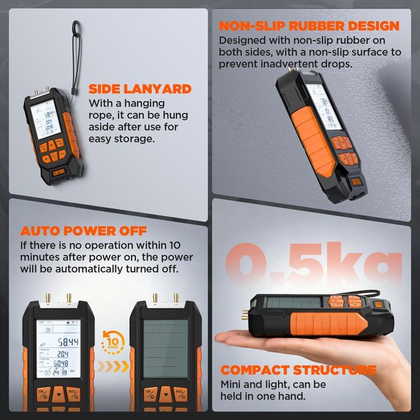Manometer Gas Pressure Tester, -100 to 200Kpa Dual-Port Digital Manometer | 10 Units, 7 Adapters, HVAC Digital Pressure Gauge Tester with Data Lock, Zero & Storage, Backlight LCD Display & flashlight