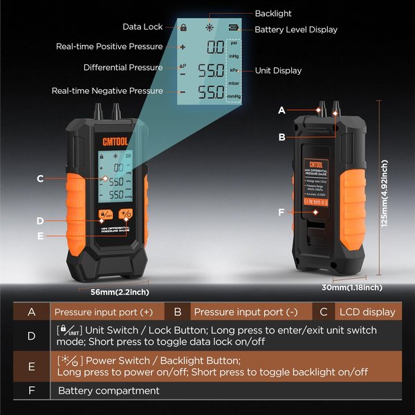 CMTOOL -101 to 200 kPa Dual-Port Digital Manometer with 6 Units & 7 Adapters