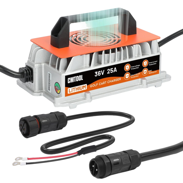 CMTOOL 36V 25A Lithium Battery Charger, IP67 Waterproof, 43.8V Output AC-DC | For 38.4V LiFePO4 Battery, 1250W Fast Charging, 6 Protection, LED Indicator, 16Ft Cable for 36V Golf Cart, Forklift, Boat