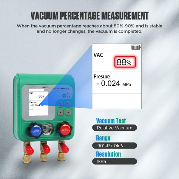 HVAC Digital Manifold Gauge Set, 92 Refrigerant, Dual Pressure&Vacuum Test | LCD Display Digital HVAC Gauges for R134A R22 R410A Refrigerant with 3 Hoses & 1/4" SAE Interface, AC Recharge Kit with Hook