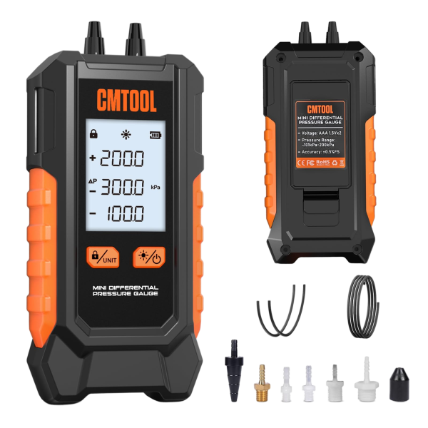 CMTOOL -101 to 200 kPa Dual-Port Digital Manometer with 6 Units & 7 Adapters