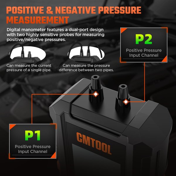 CMTOOL -101 to 200 kPa Dual-Port Digital Manometer with 6 Units & 7 Adapters