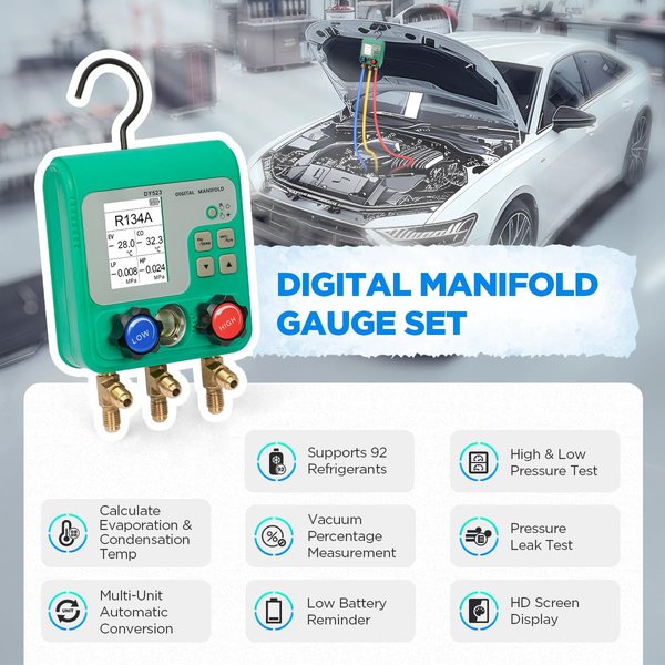 HVAC Digital Manifold Gauge Set, 92 Refrigerant, Dual Pressure&Vacuum Test | LCD Display Digital HVAC Gauges for R134A R22 R410A Refrigerant with 3 Hoses & 1/4" SAE Interface, AC Recharge Kit with Hook