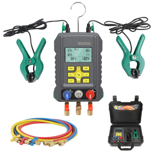 CMTOOL HVAC Digital Manifold Gauge Set, 92 Refrigerants, 2 Temp Clamps | 3 Hoses Refrigerant Gauge Set with Pressure and Temperature Testing for R134A,1234YF, R22, R12, R404A and R410A