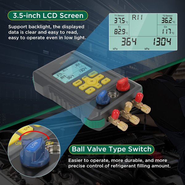CMTOOL HVAC Digital Manifold Gauge Set, 92 Refrigerants, 2 Temp Clamps | 3 Hoses Refrigerant Gauge Set with Pressure and Temperature Testing for R134A,1234YF, R22, R12, R404A and R410A