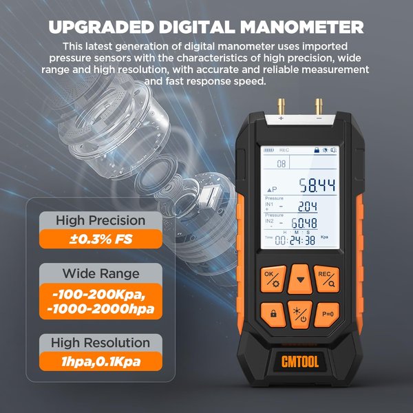 Manometer Gas Pressure Tester, -100 to 200Kpa Dual-Port Digital Manometer | 10 Units, 7 Adapters, HVAC Digital Pressure Gauge Tester with Data Lock, Zero & Storage, Backlight LCD Display & flashlight