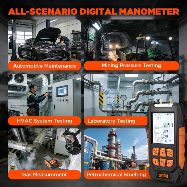 Manometer Gas Pressure Tester, -100 to 200Kpa Dual-Port Digital Manometer | 10 Units, 7 Adapters, HVAC Digital Pressure Gauge Tester with Data Lock, Zero & Storage, Backlight LCD Display & flashlight