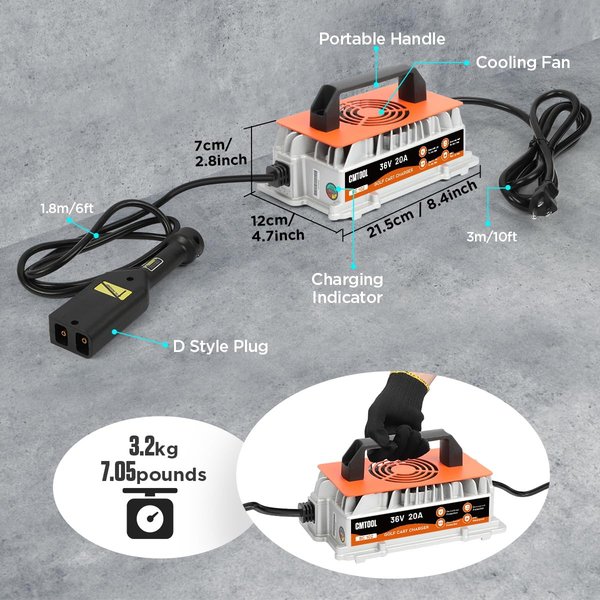 36 Volt 20 AMP Golf Cart Battery Charger for EZGO TXT, IP67 Waterproof | 1250W EZGO Smart Fast Charging Trickle Charger, 16Ft Cable EZ GO Golf Cart Charger with D-Plug, for 36V Lead-Acid Battery