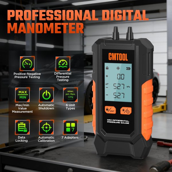 CMTOOL -101 to 200 kPa Dual-Port Digital Manometer with 6 Units & 7 Adapters