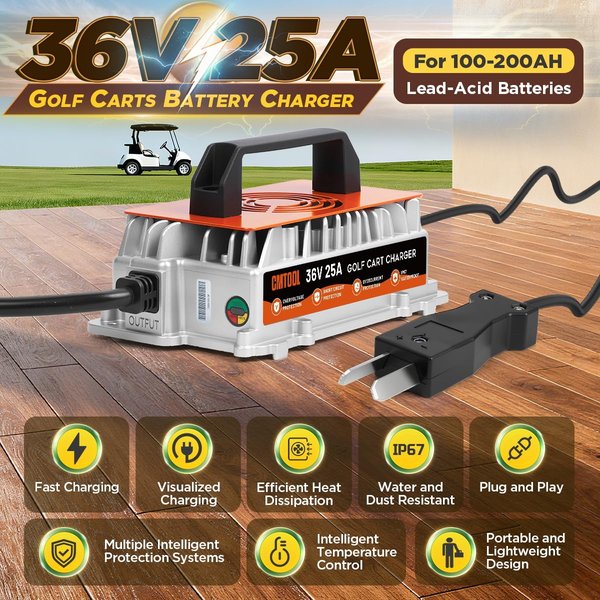 36Volt Golf Cart Battery Charger, 36V 25A Charger for EZGO/Yamaha/Club Car | 1250W Smart Fast Charging with Crowfoot Plug, IP67 Waterproof, 8 Protection, 16Ft Cable Charger for 36V Lead-Acid Batteries